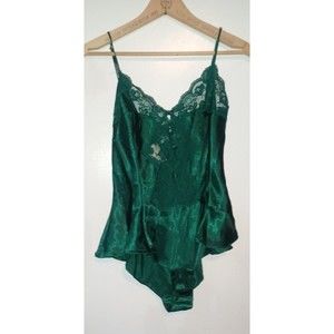 Vintage Gold Label Victoria’s Secret Emerald Green Teddy Romper Satin Lace XS